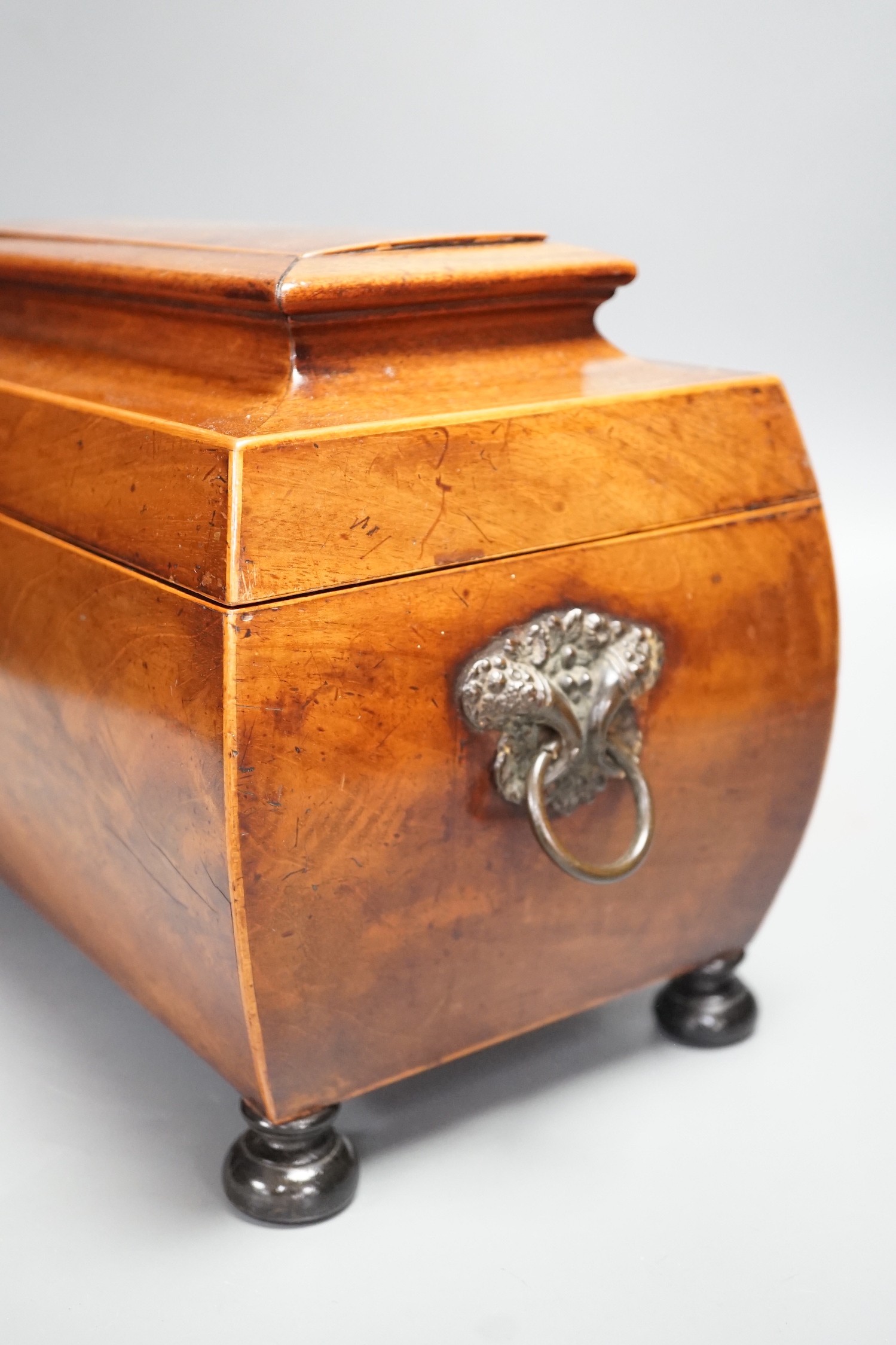 A George IV mahogany bombe-shaped sarcophagus tea caddy, 33cms wide